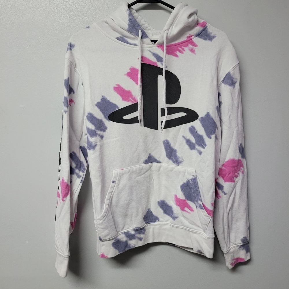 Playstation Tie Dye Hoodie Size S Pink Purple Gray Logo Gaming Sweatshirt Womens